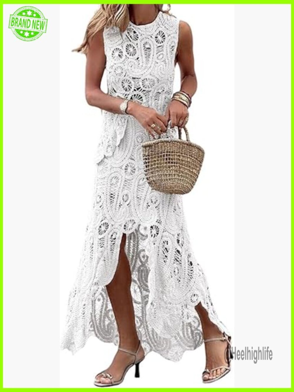 Slim Fit Crochet Knit Skirt Set, Sleeveless Tank & Hi-Low Long Skirt